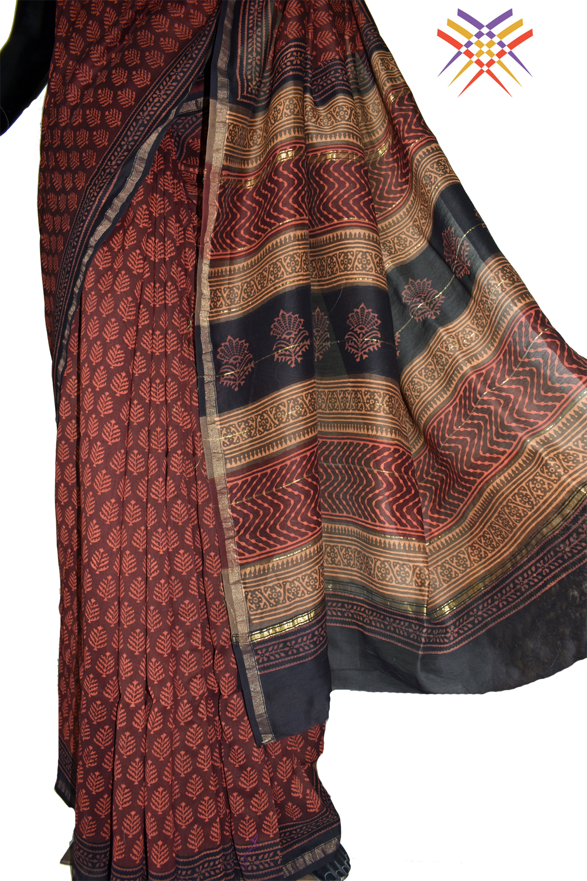 Block Printed Saree with Discharge Print