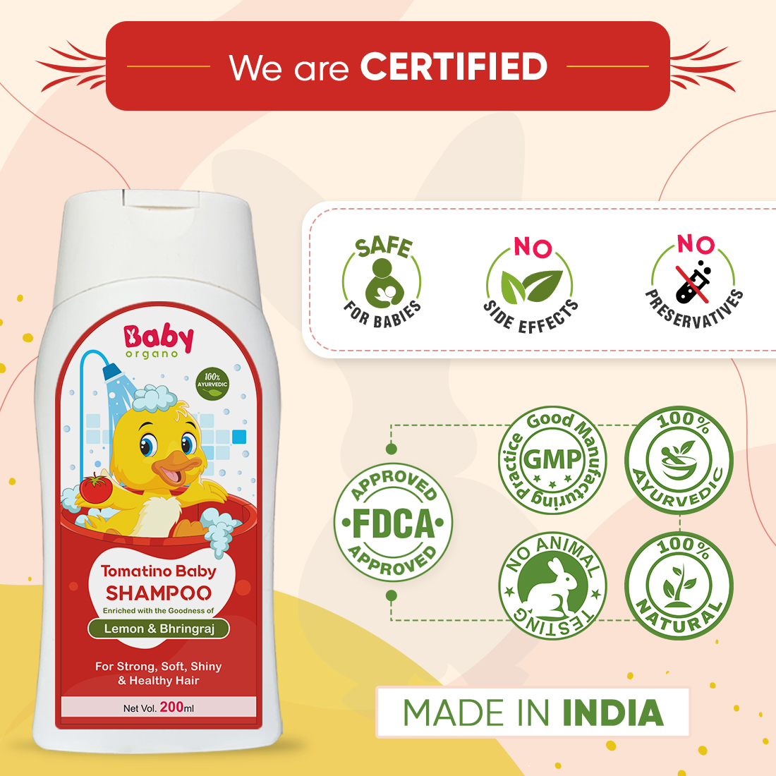 BabyOrgano Tomatino Baby Shampoo 200ml | Tear-Free Formula | Contains Tomato seeds, Lemon & Bhringraj | 100% Ayurvedic, Absolutely Safe & Natural for new born babies | FDCA approved
