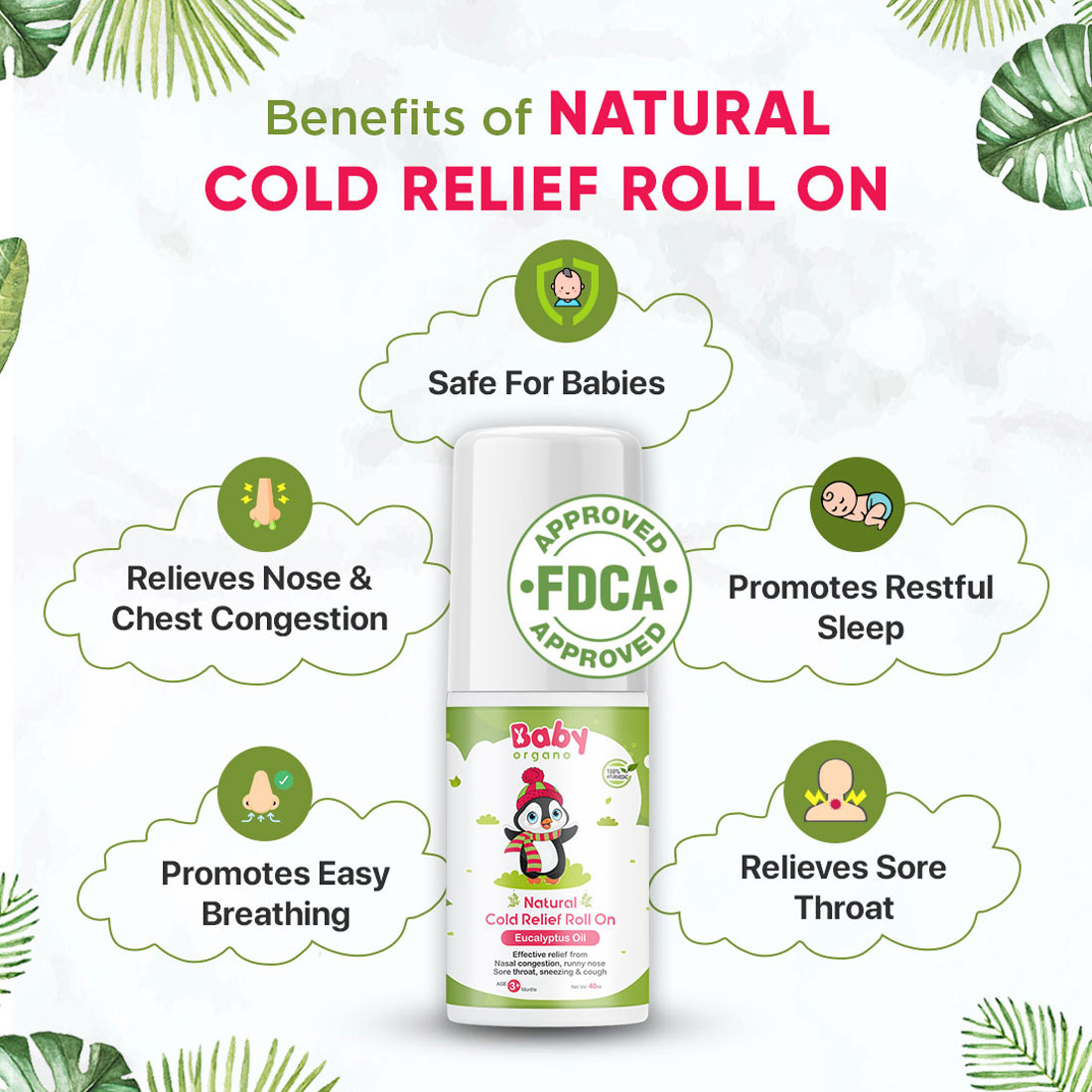 BabyOrgano Natural Cold Relief Roll-on for Cold, Cough, Nose Block and Chest Congestion (40ml)