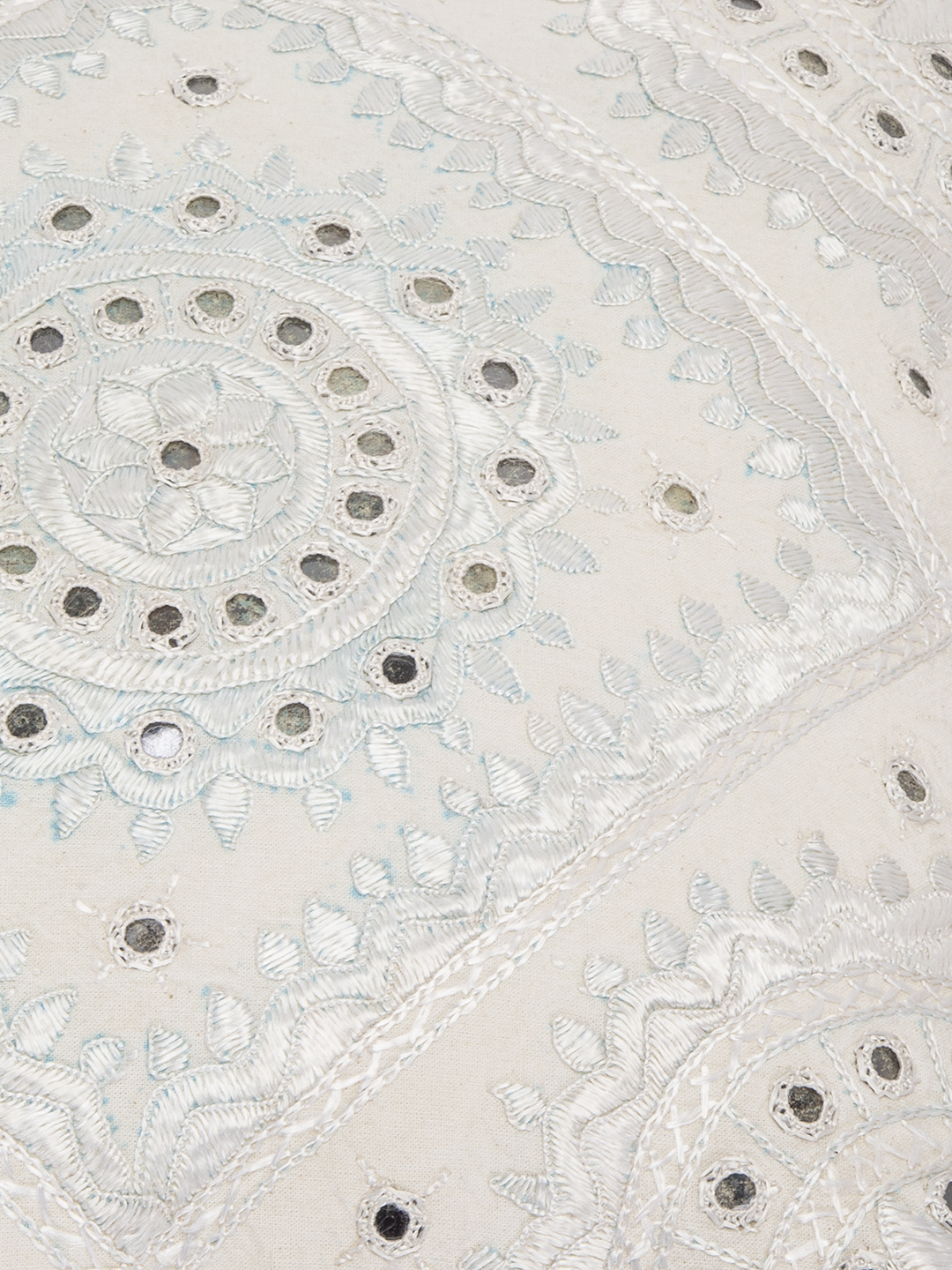 Heavy Embroidery with Mirror Work Cushion Cover, White