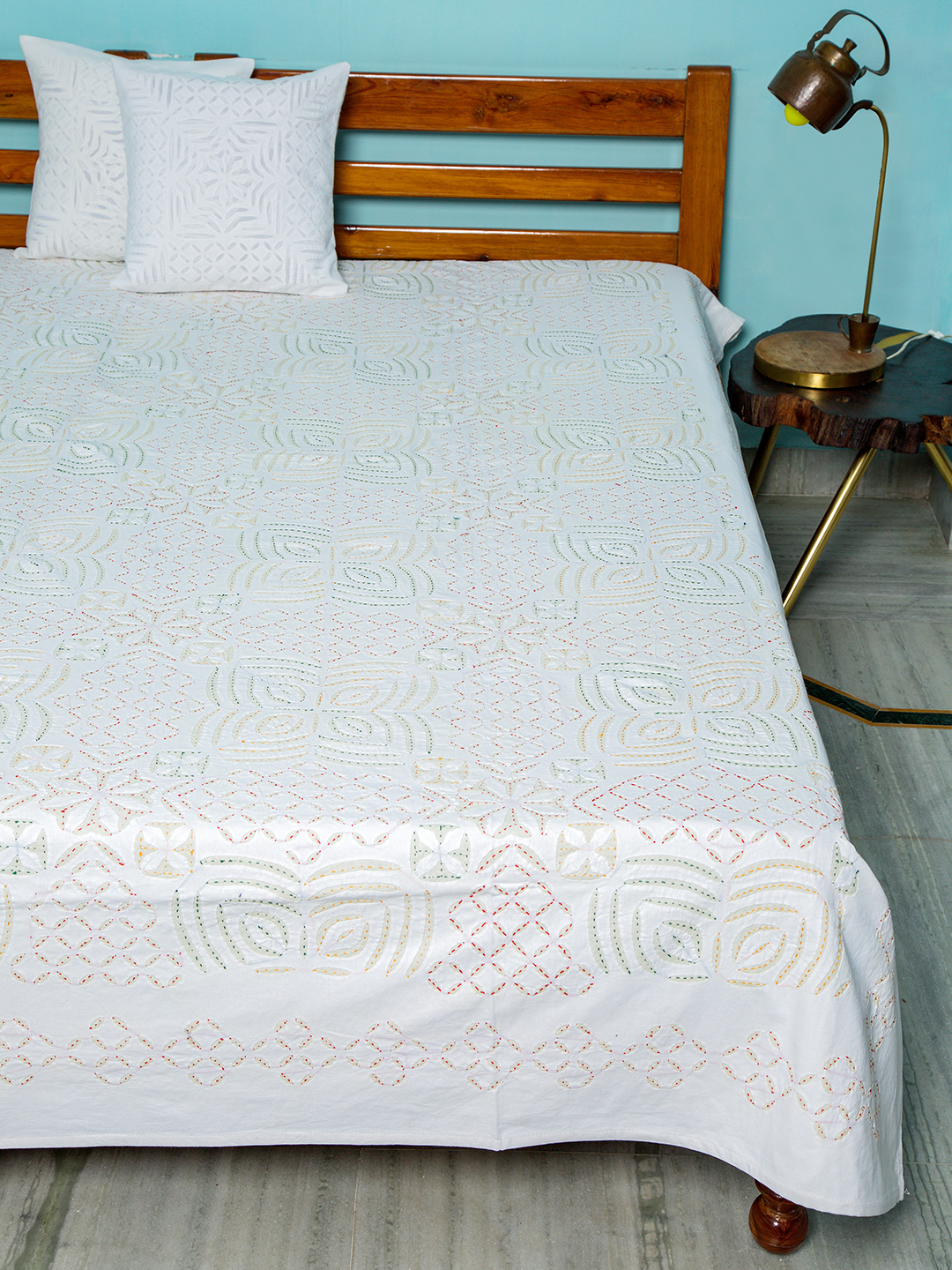 Applique Grey Design Kantha White Bedcover, White