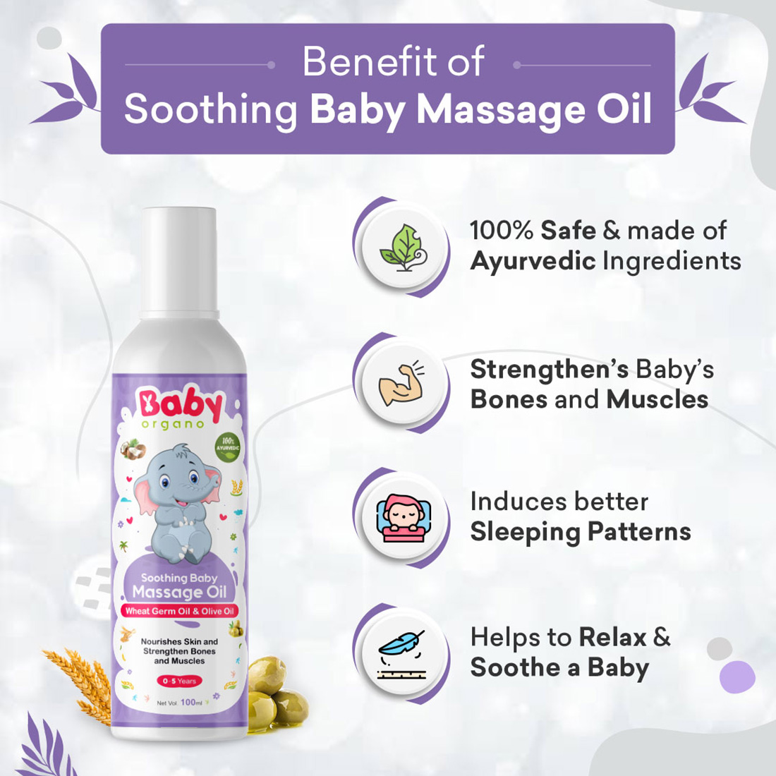 BabyOrgano Soothing Baby Massage Oil for nourishes skin and strengthen bones and muscles, 100% Ayurvedic, Absolutely Safe & Natural for new born babies, FDCA Approved (100ml)