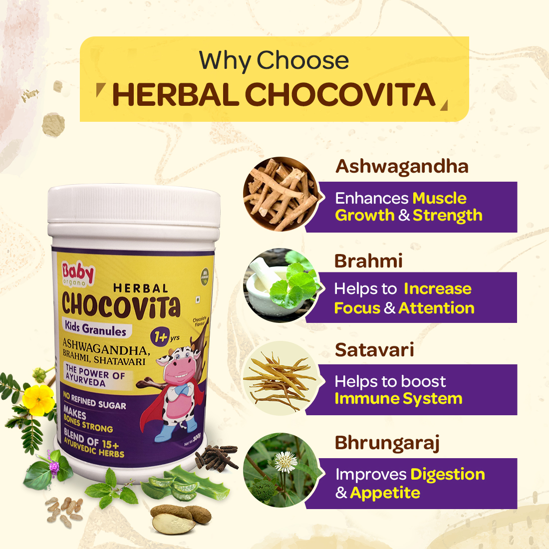 Herbal ChocoVita Kids Granules 300gm | Chocolate flavour | with the goodness of Ashwagandha, Brahmi, Satavari and other 14 Ayurvedic herbs