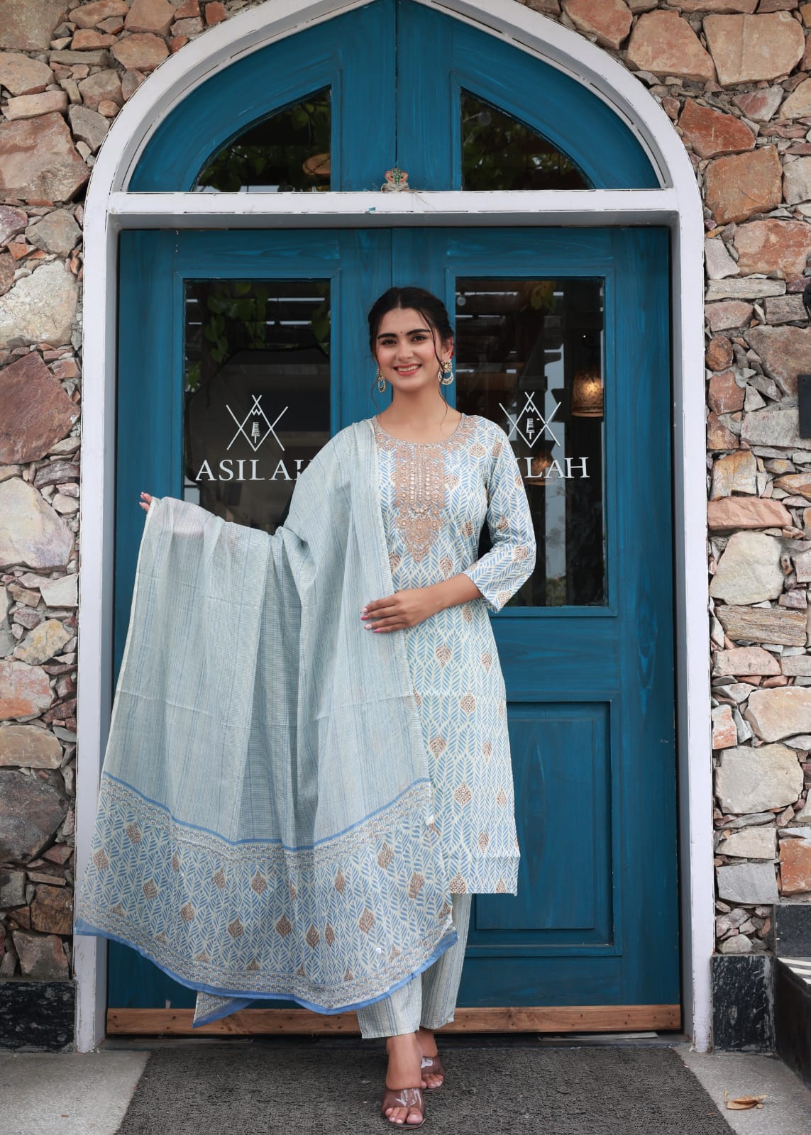 BLUE EMBROIDERED COTTON KURTA WITH PANTS & DUPATTA