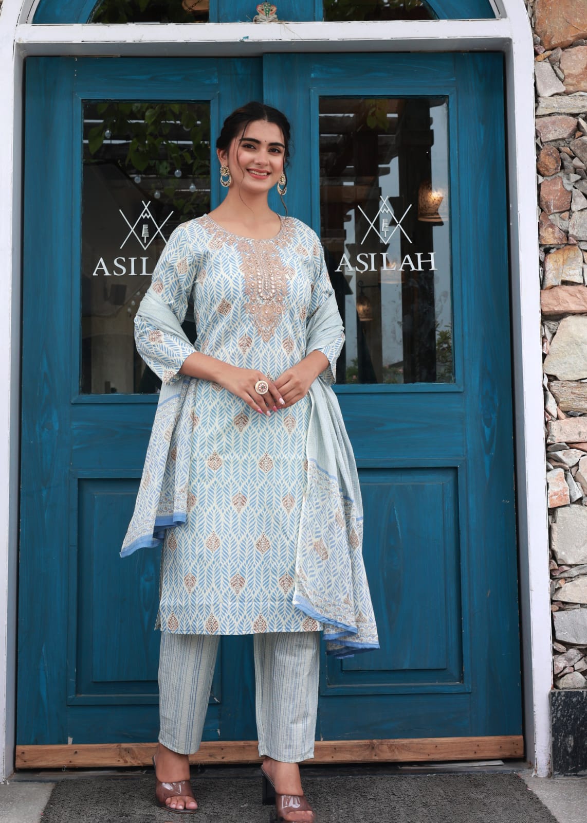 BLUE EMBROIDERED COTTON KURTA WITH PANTS & DUPATTA