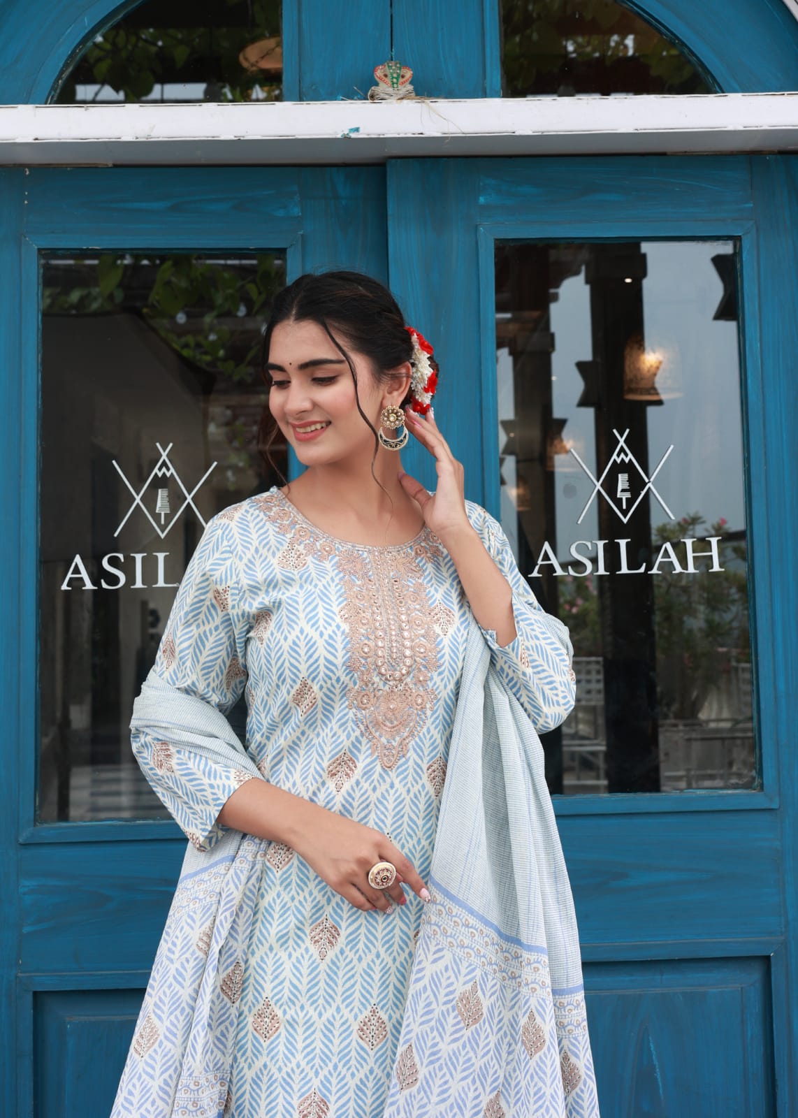 BLUE EMBROIDERED COTTON KURTA WITH PANTS & DUPATTA