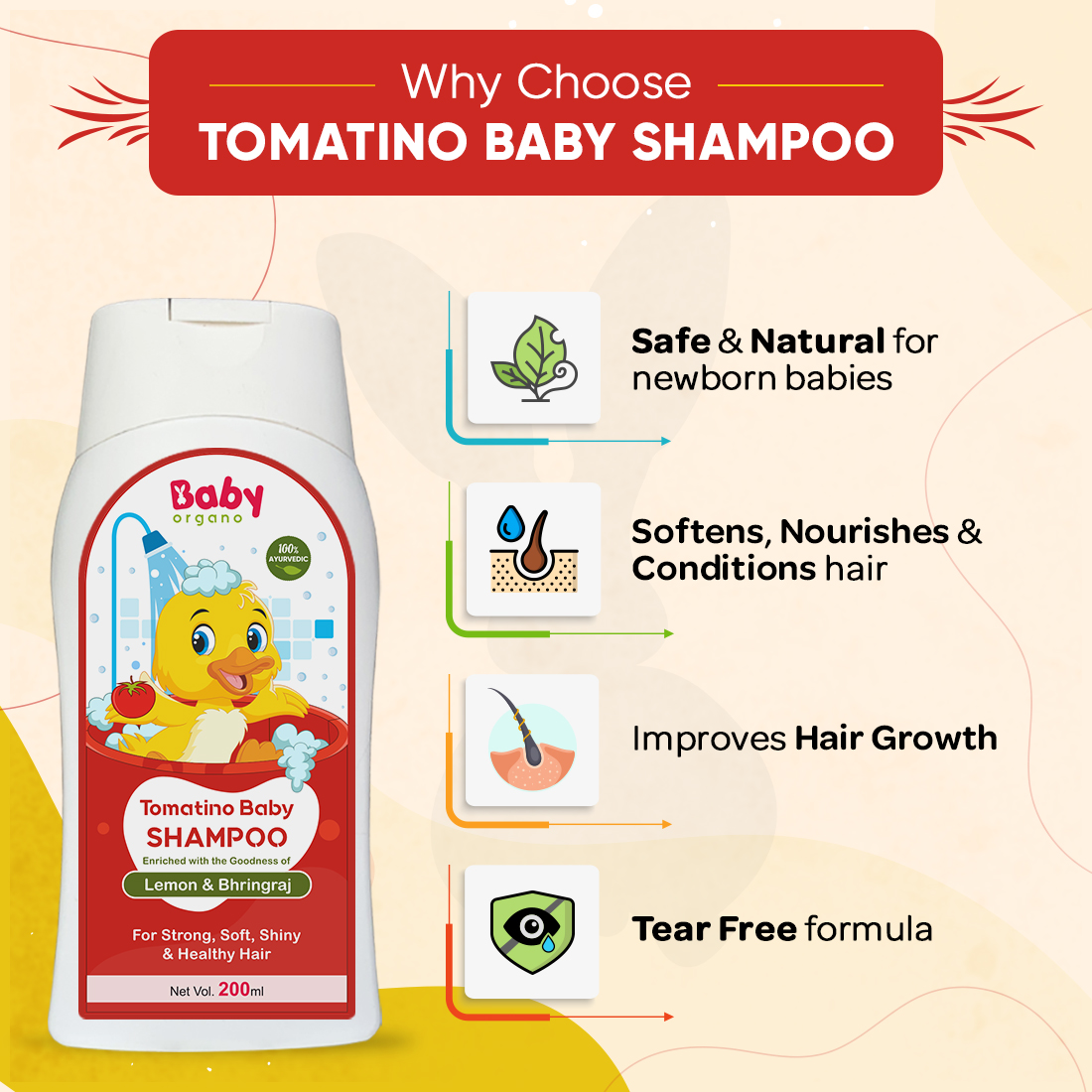 BabyOrgano Tomatino Baby Shampoo 200ml | Tear-Free Formula | Contains Tomato seeds, Lemon & Bhringraj | 100% Ayurvedic, Absolutely Safe & Natural for new born babies | FDCA approved