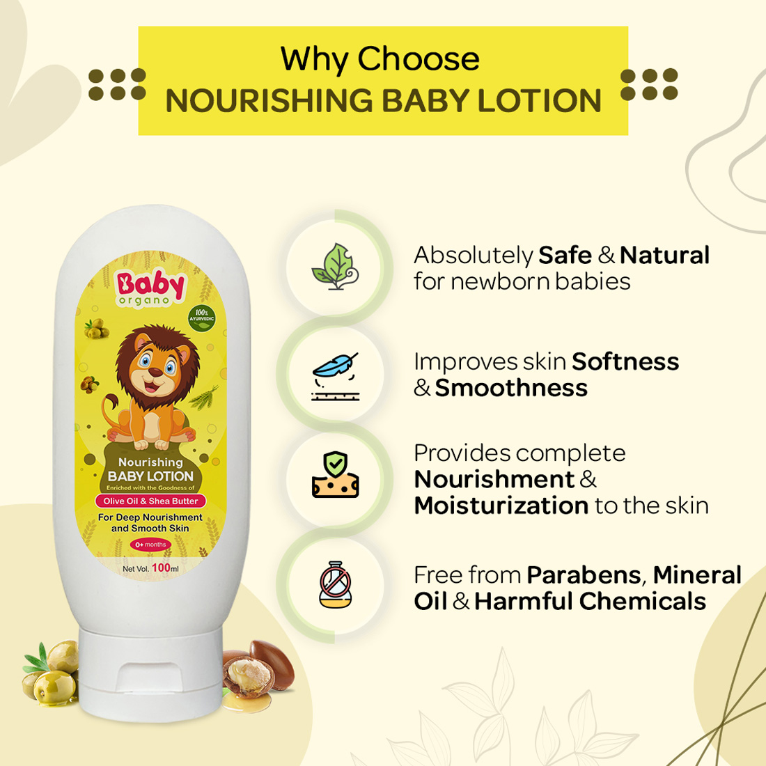 BabyOrgano Nourishing Baby Lotion for Deep Nourishment and Smooth Skin, Non-Sticky Formula, 100% Ayurvedic, Absolutely Safe & Natural for New Born Babies, FDCA Approved (100ml)