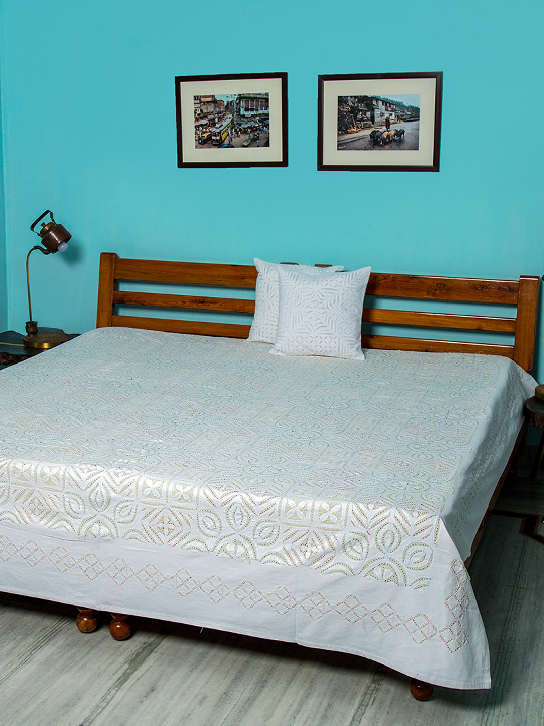 Applique Bhari Khuddi Design with Kantha Bedcover, White