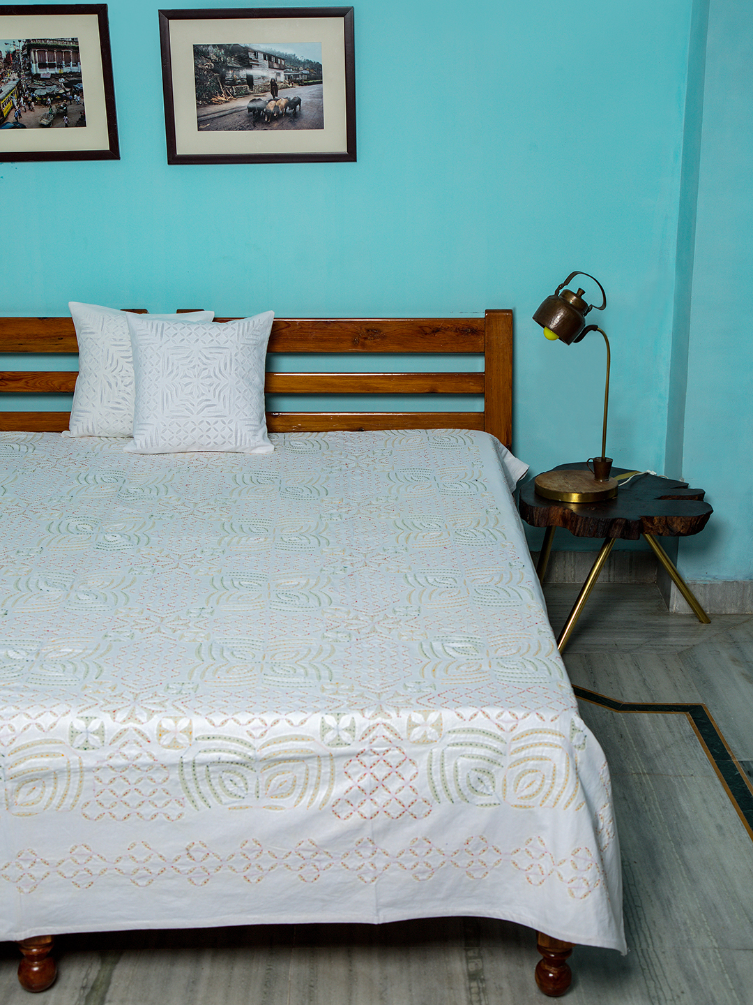 Applique Grey Design Kantha White Bedcover, White