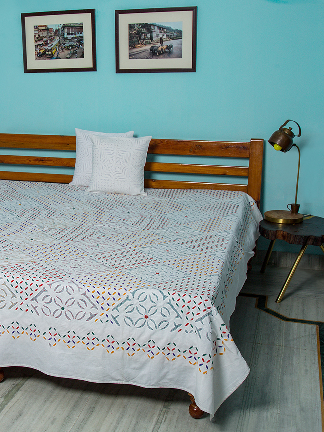 Applique Mehndi Khuddi Design with Embroidery Bedcover, White