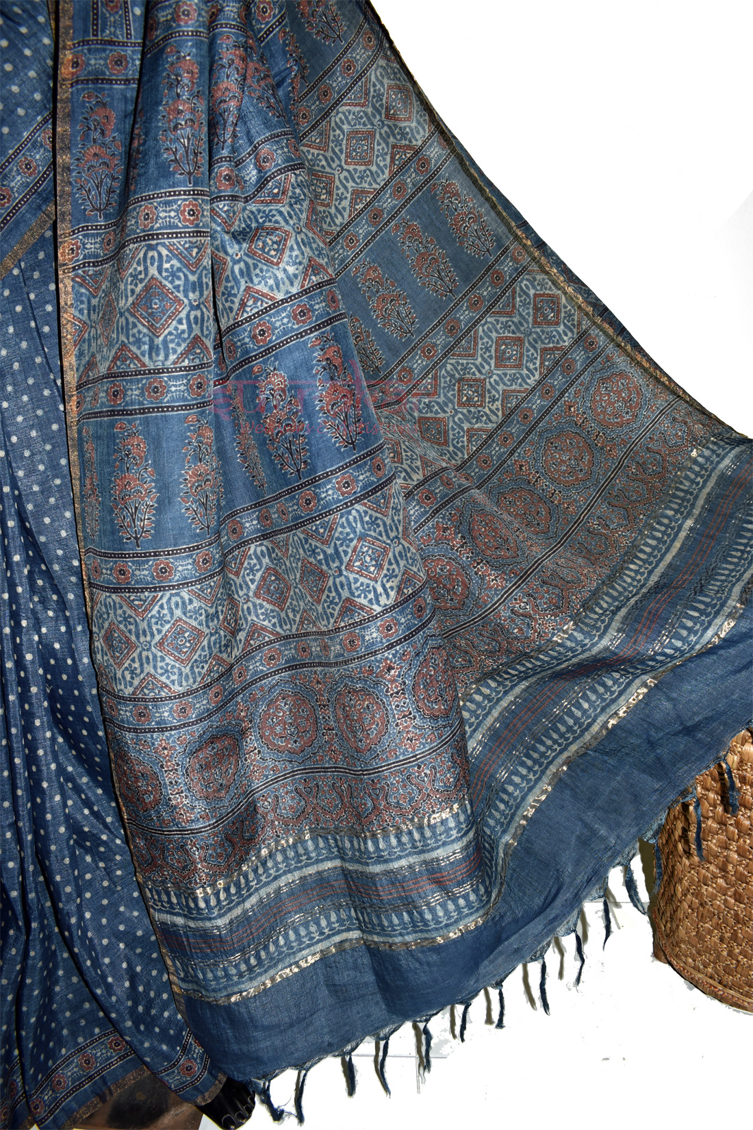 Ajrakh Saree in Indigo Blue