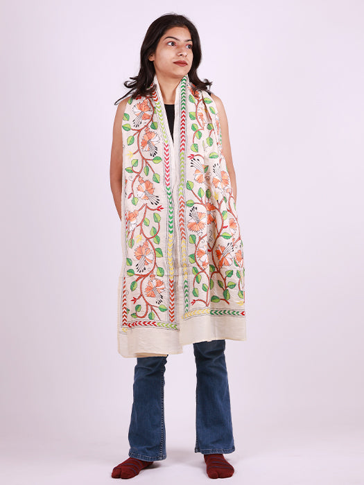 Handcrafted Pure Silk Kantha Stitch Embroidered Stole