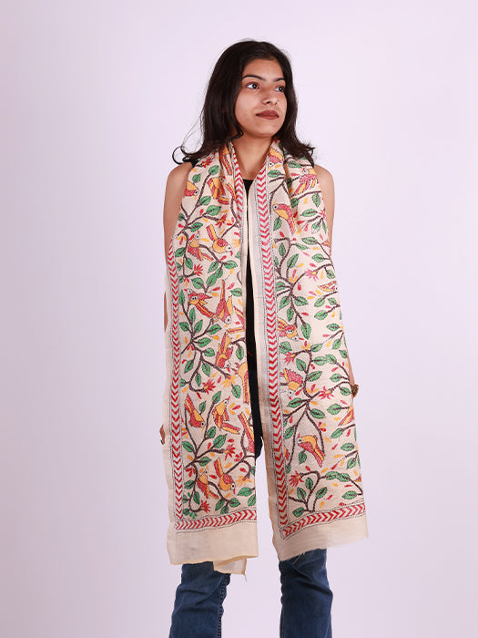 Handcrafted Pure Silk Kantha Stitch Embroidered Stole