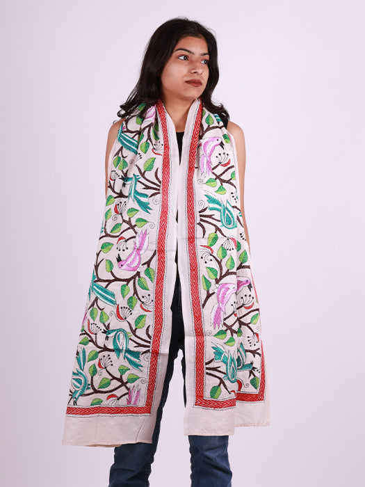 Handcrafted Pure Silk Kantha Stitch Embroidered Stole