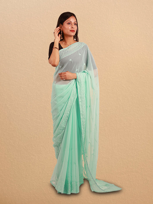 Georgette Saree with Intricate All-Over Thread Embroidery & Blouse Piece