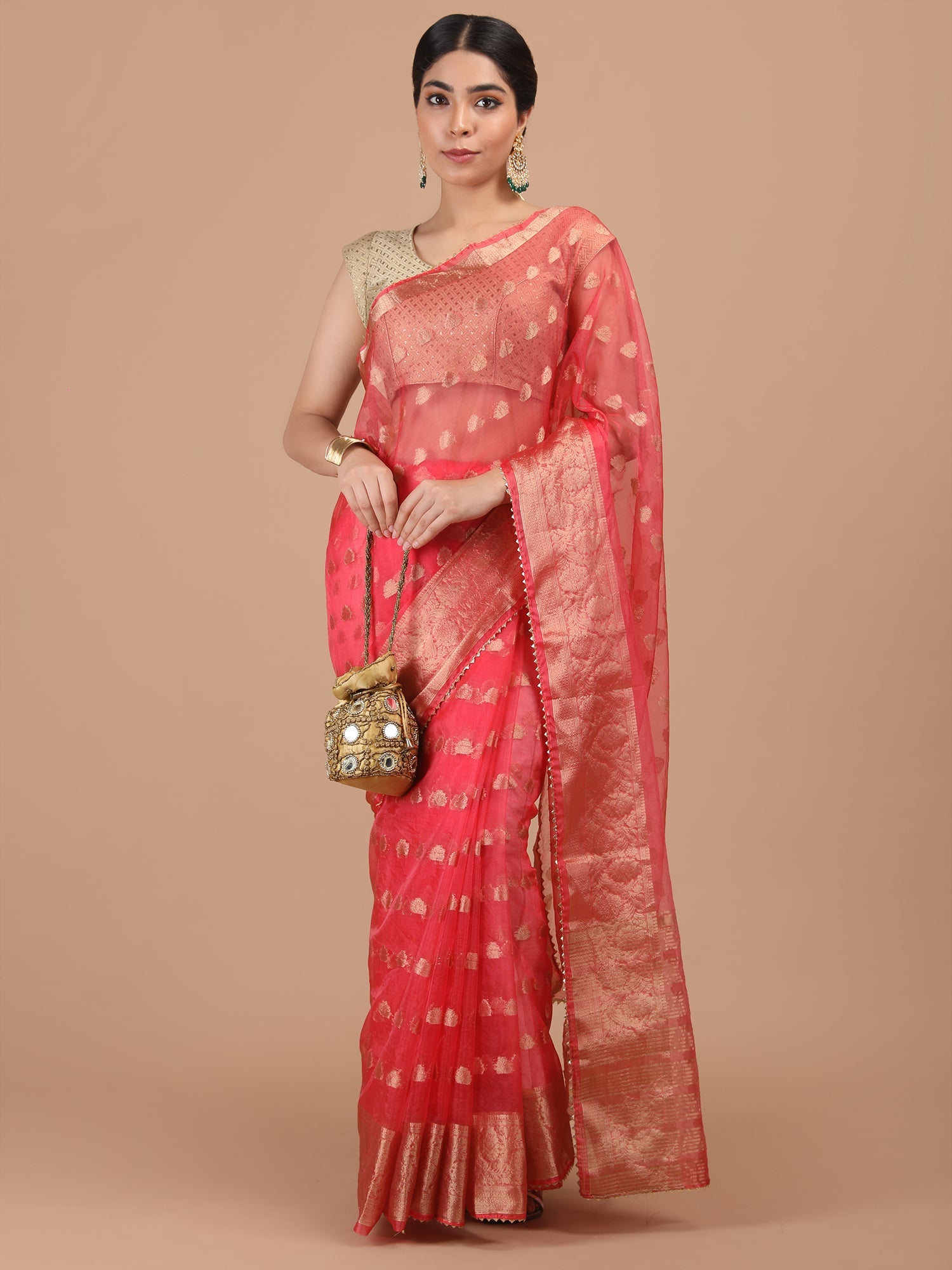 Sheer Organza Saree with Woven Booti Motif and Zari Border