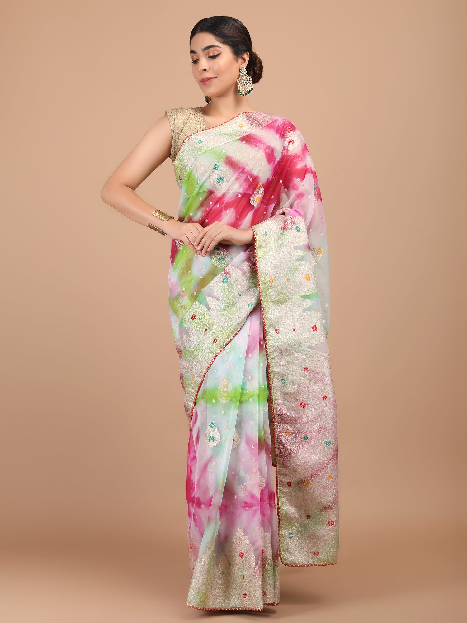 Organza Meena Booti with Border Saree