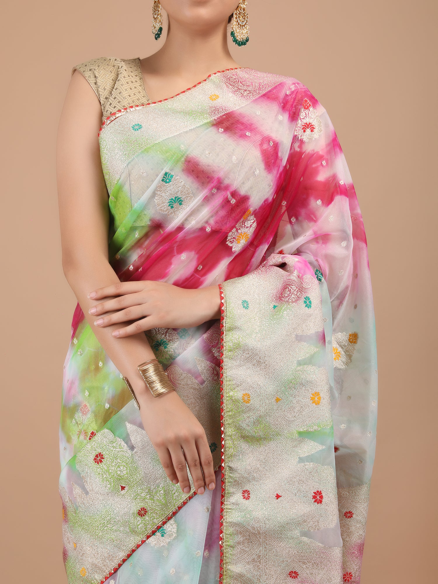 Organza Meena Booti with Border Saree