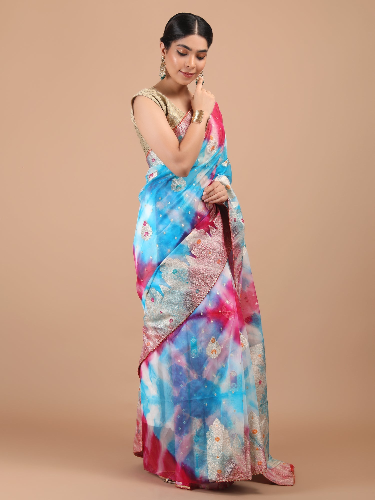 Organza Meena Booti with Border Saree