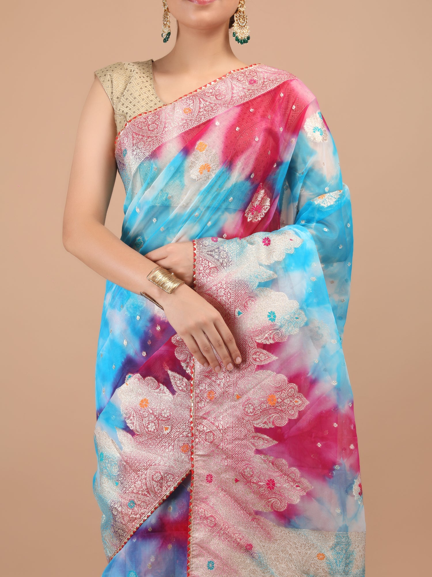 Organza Meena Booti with Border Saree