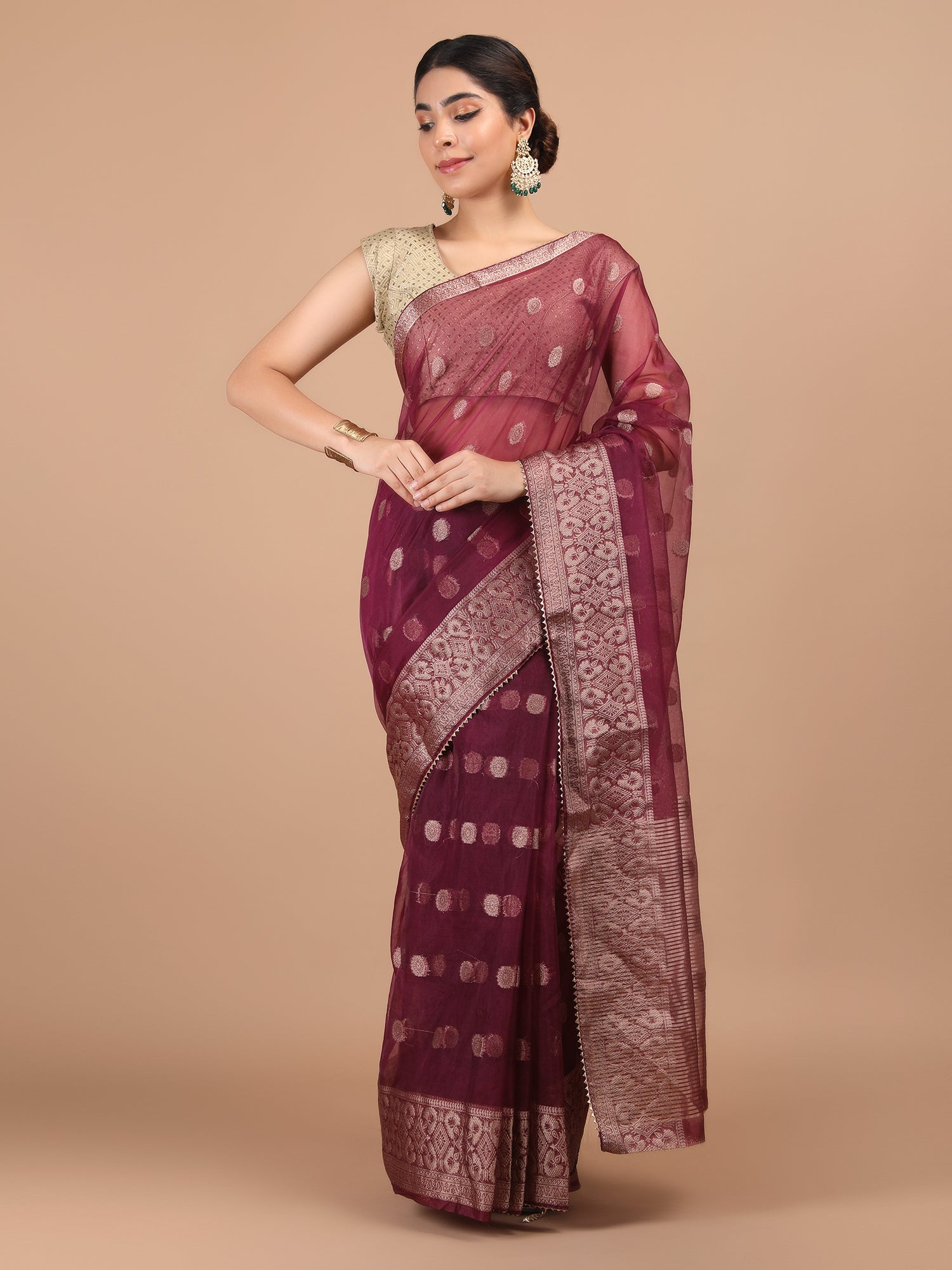 Sheer Organza Saree with Woven Booti Motif and Zari Border