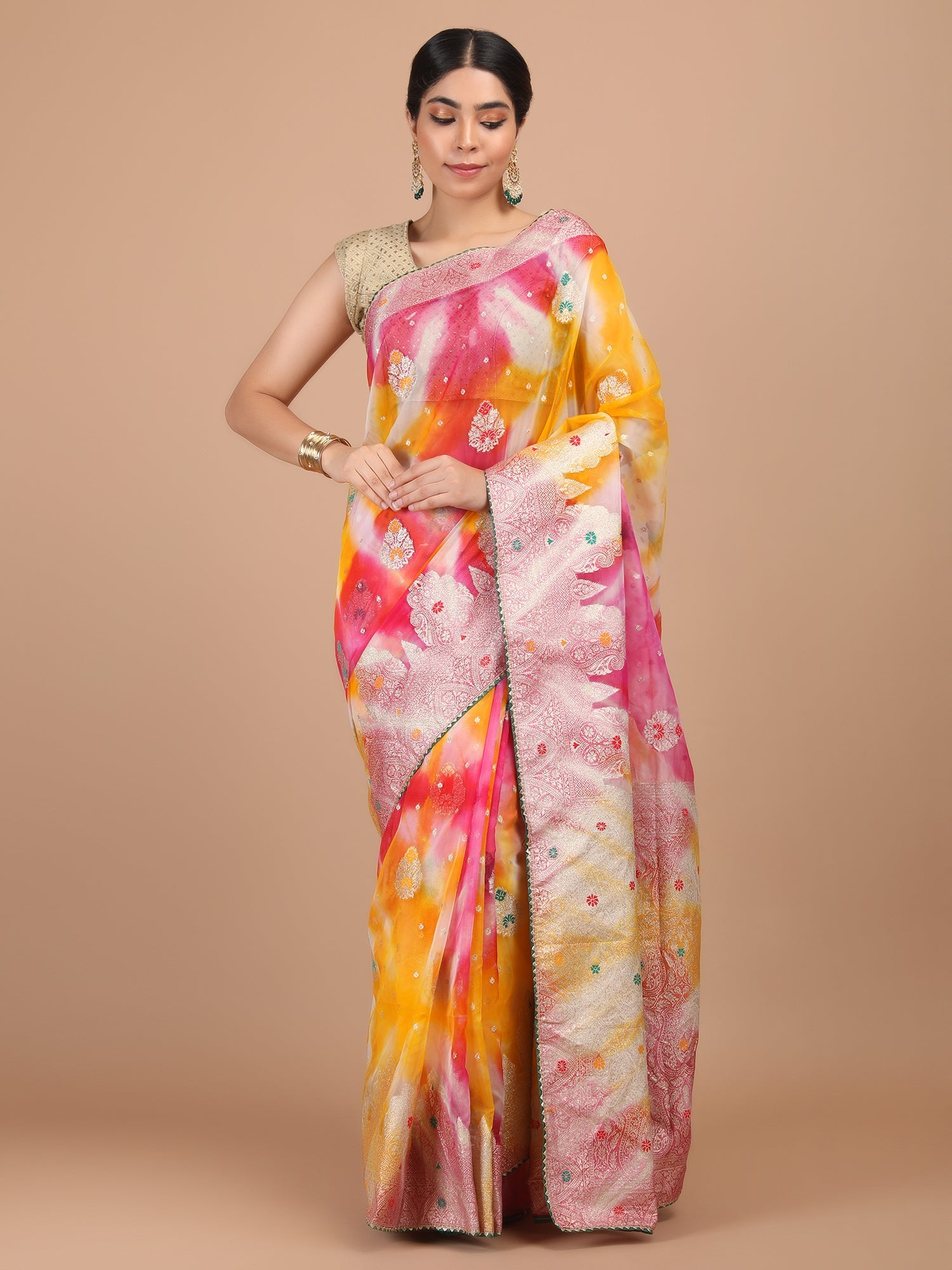 Sheer Organza Saree with Woven Meena Booti and Decorative Border