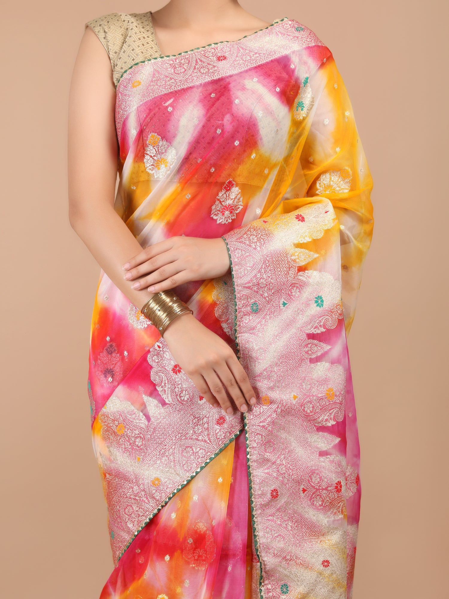 Organza Meena Booti with Border Saree