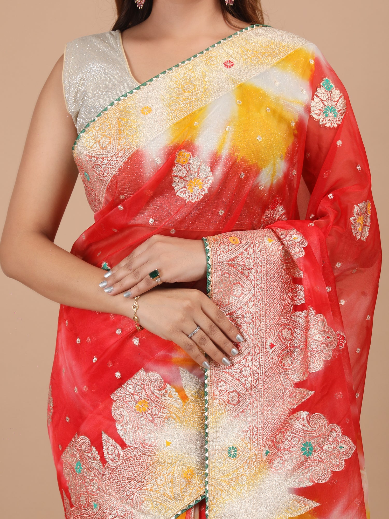 Organza Meena Booti with Border Saree