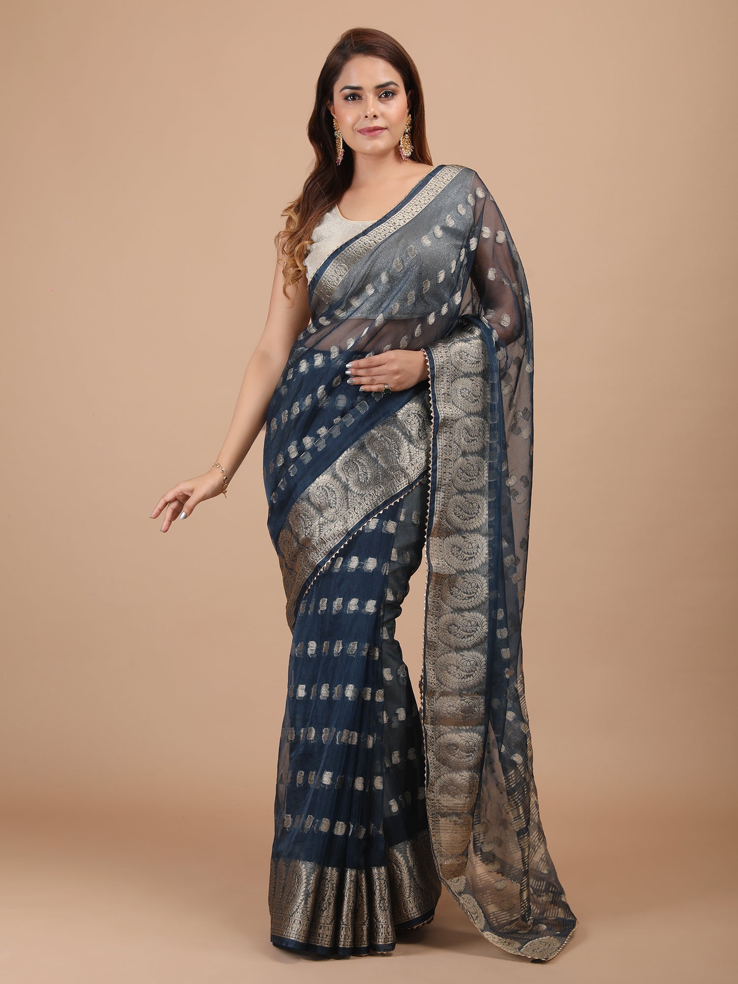 Sheer Organza Saree with Woven Booti Motif and Zari Border