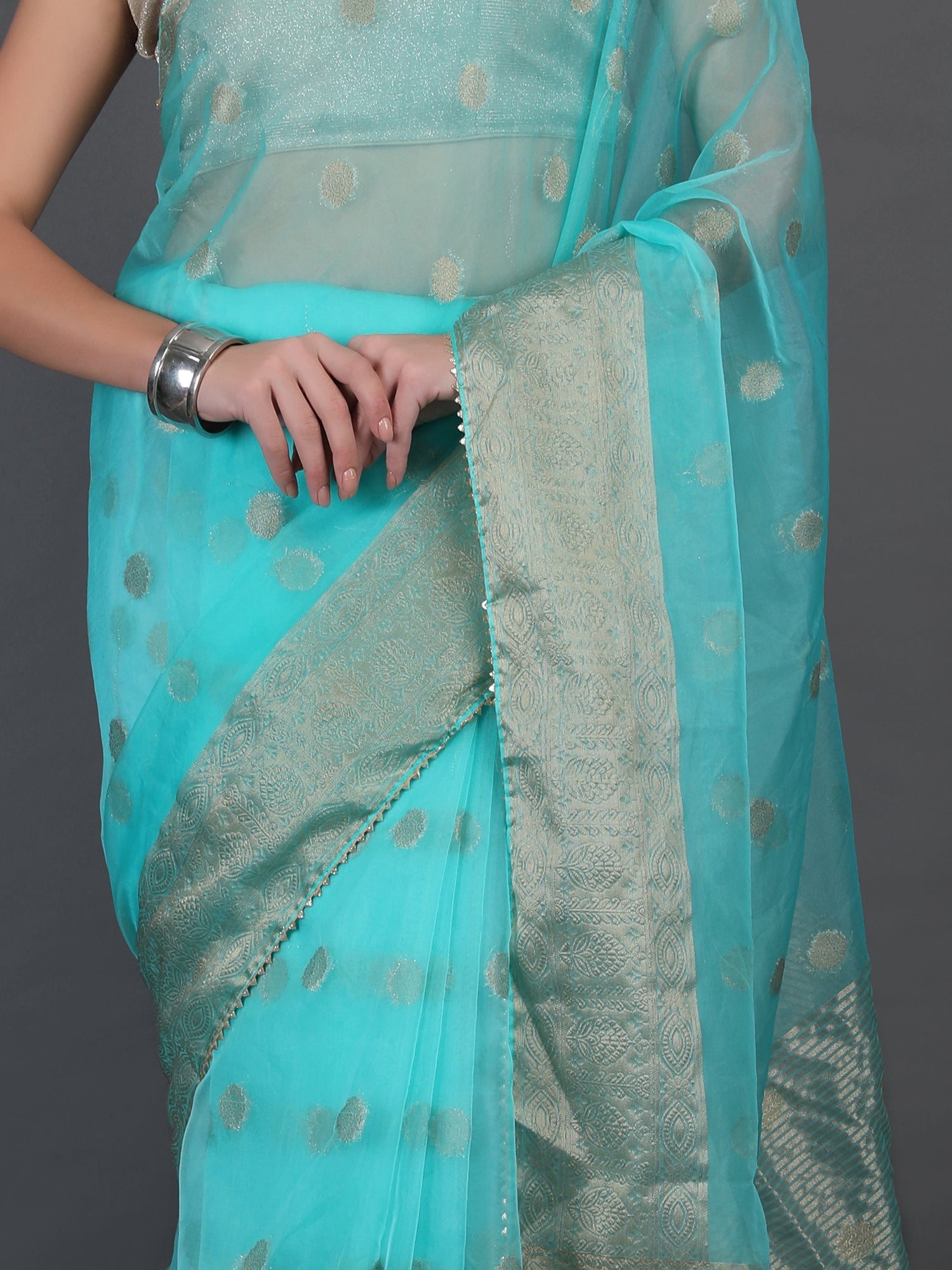Sheer Organza Saree with Woven Booti Motif and Zari Border