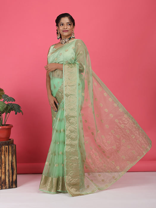 Sheer Organza Saree with Woven Booti Motif and Zari Border