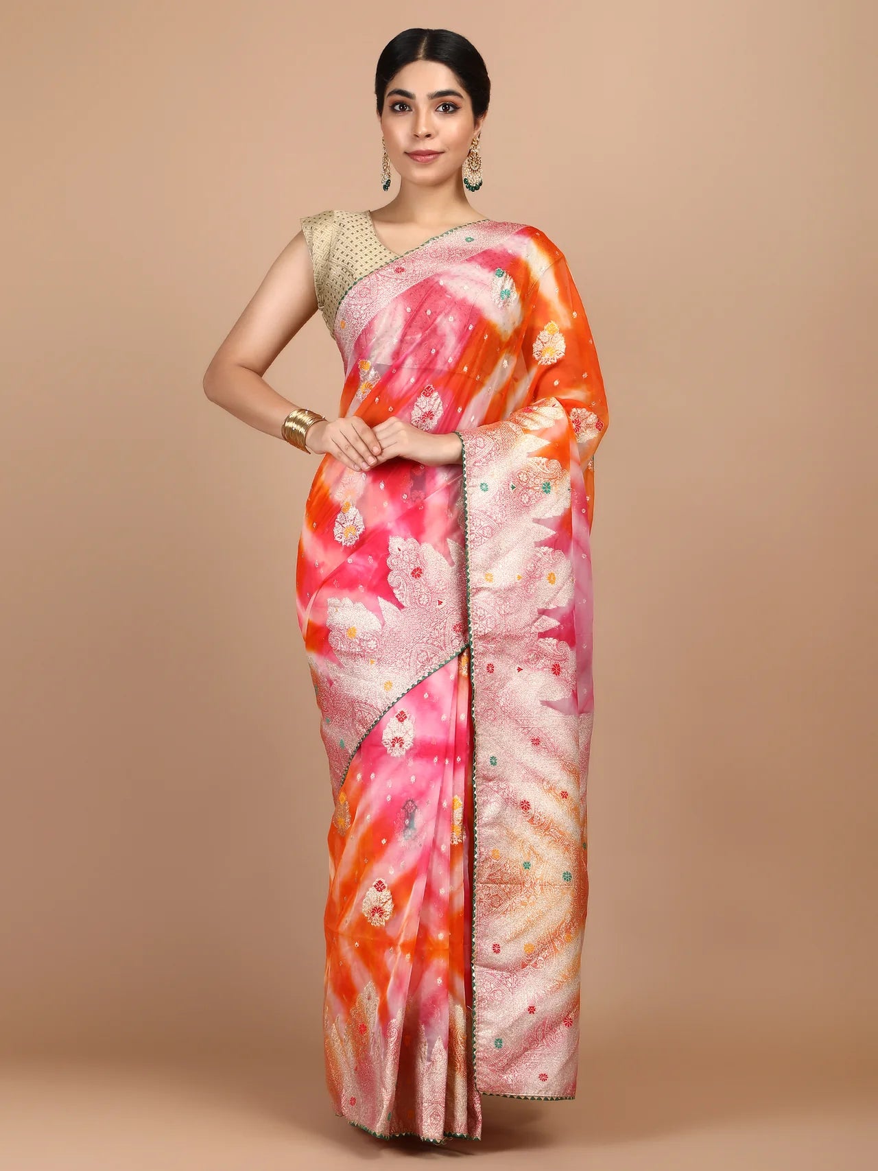 Sheer Organza Saree with Woven Meena Booti and Decorative Border