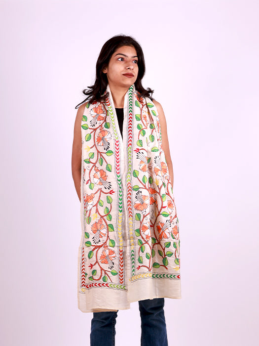 Handcrafted Pure Silk Kantha Stitch Embroidered Stole
