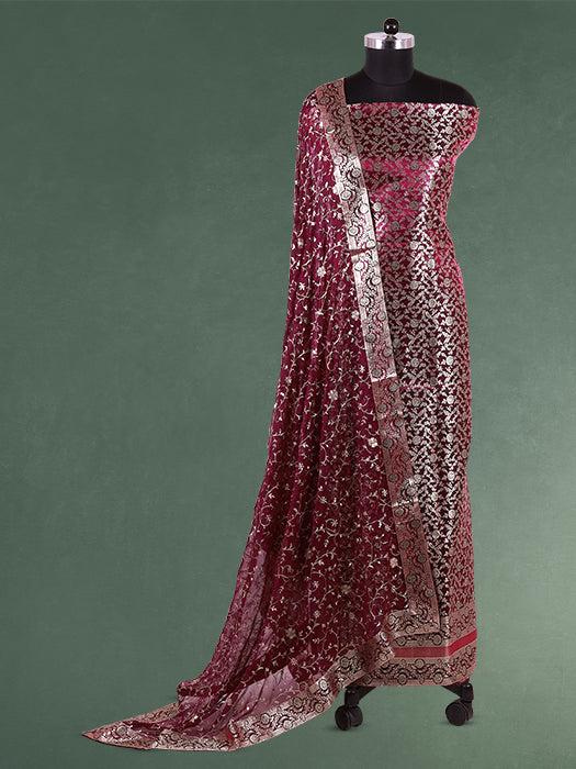 Traditional Woven Banarasi Silk Jaal Suit Set with Matching Dupatta