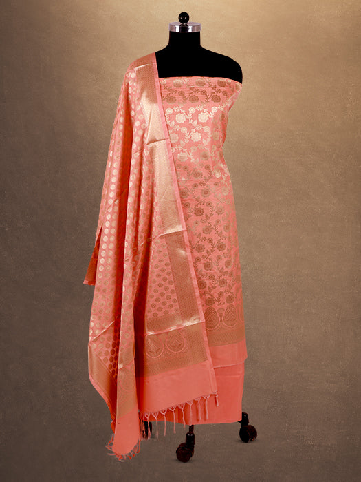 Peach Heavy Banarasi Silk Woven Unstitched Suit Set with Dupatta