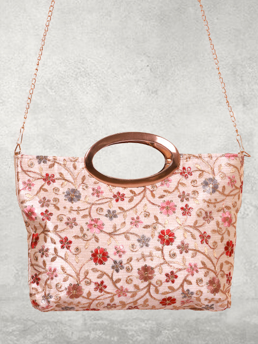 Silk Fabric Floral Sequin Zari Embroidery Hand Bag