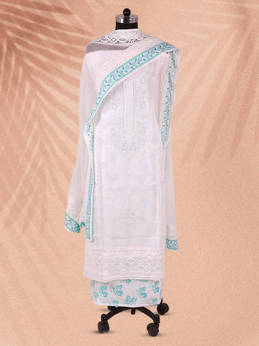 Handcrafted Kota Doria Silk Chikankari Unstitched Suit Set with Dupatta