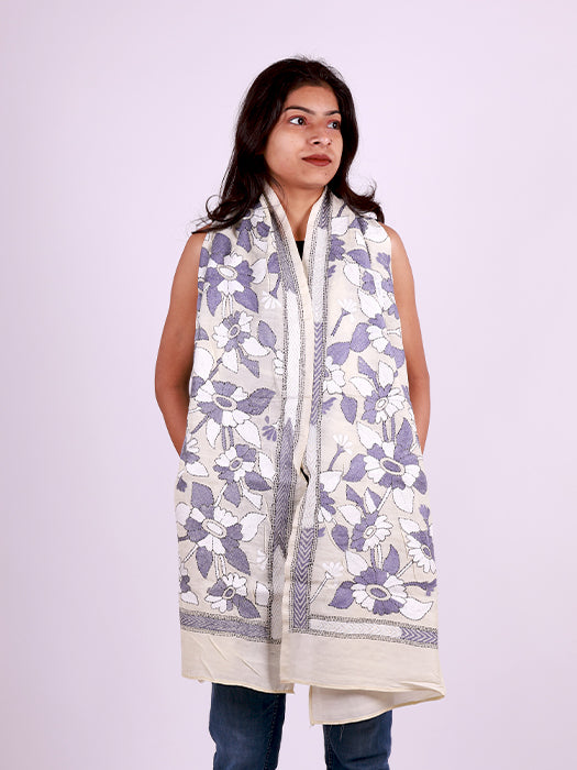 Handcrafted Pure Silk Kantha Stitch Embroidered Stole