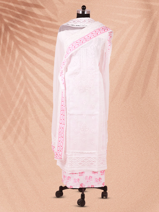 Handcrafted Kota Doria Silk Chikankari Unstitched Suit Set with Dupatta