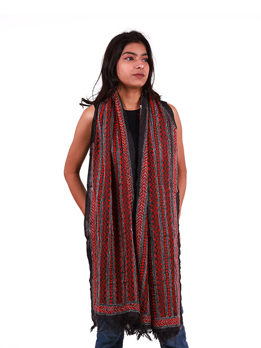 Handcrafted Pure Silk Kantha Stitch Embroidered Stole