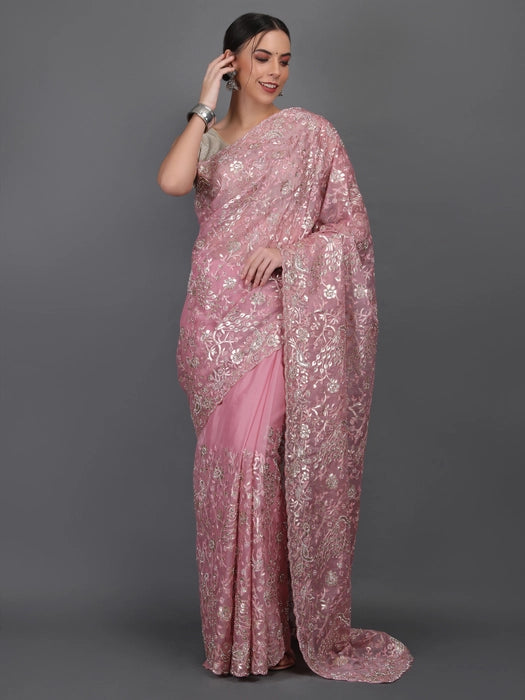 Organza Aari work with Zircon Saree