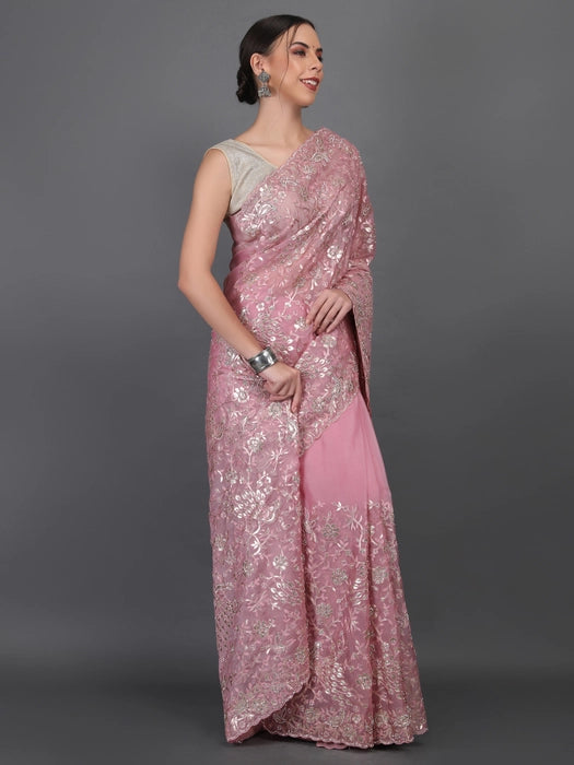 Organza Aari work with Zircon Saree