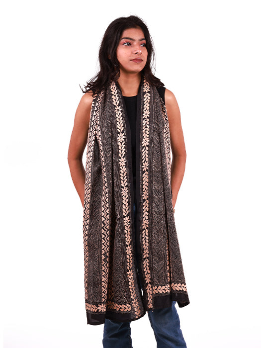 Handcrafted Pure Silk Kantha Stitch Embroidered Stole