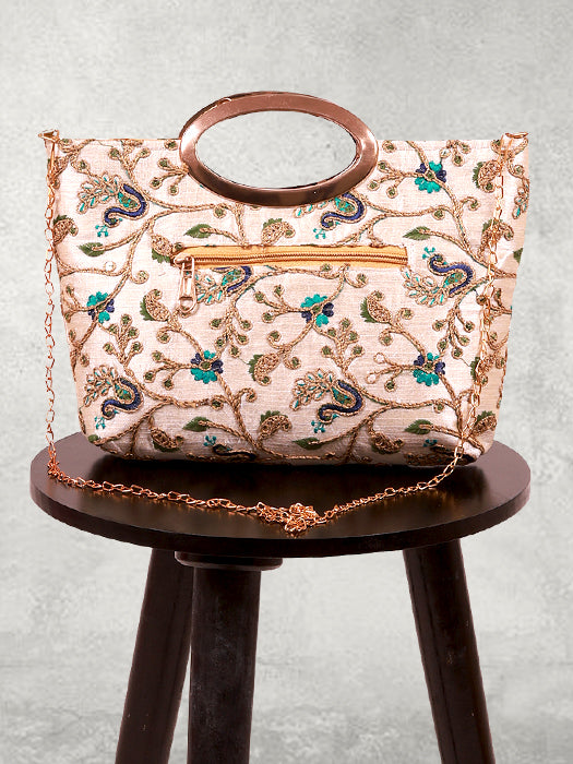 Silk Fabric Peacock Embroidered Hand Bag