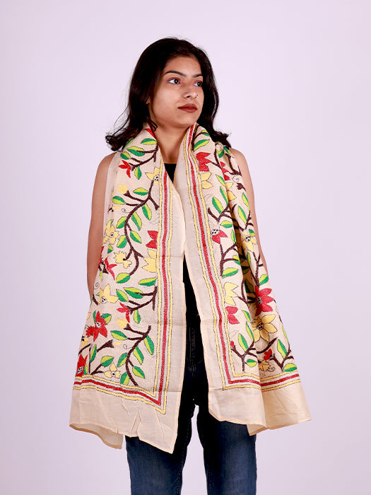 Handcrafted Pure Silk Kantha Stitch Embroidered Stole