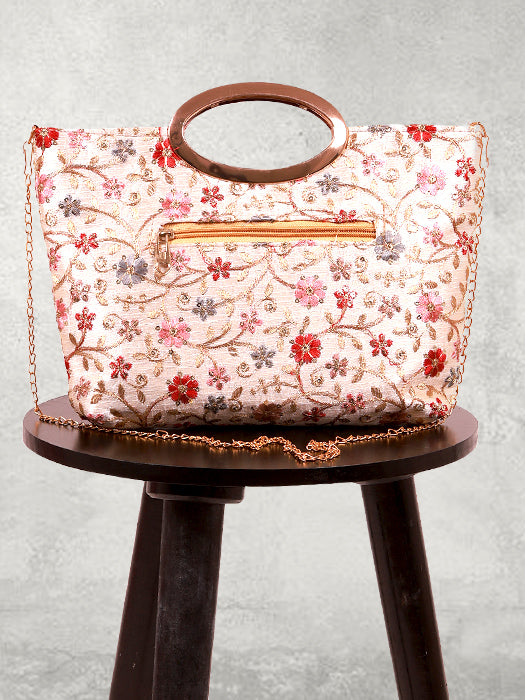Silk Fabric Floral Sequin Zari Embroidery Hand Bag