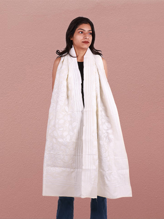 Handcrafted Pure Silk Kantha Stitch Embroidered Stole