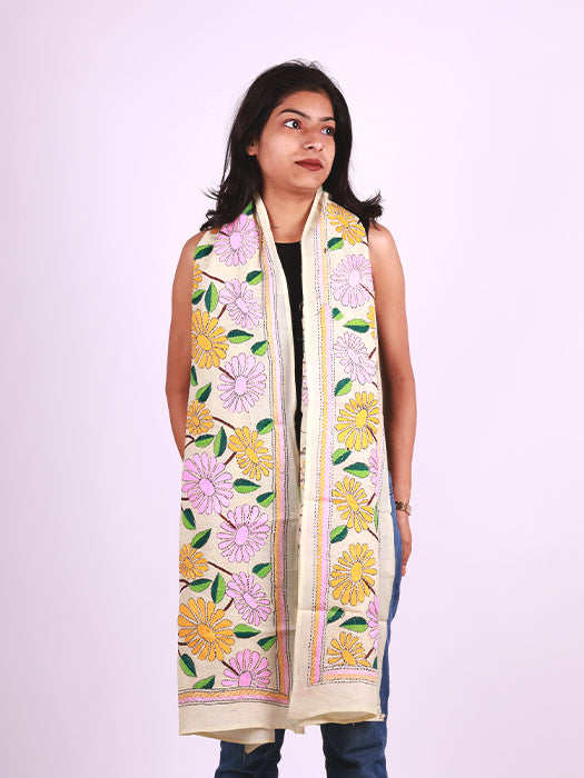 Handcrafted Pure Silk Kantha Stitch Embroidered Stole