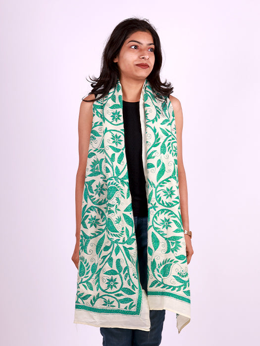 Handcrafted Pure Silk Kantha Stitch Embroidered Stole